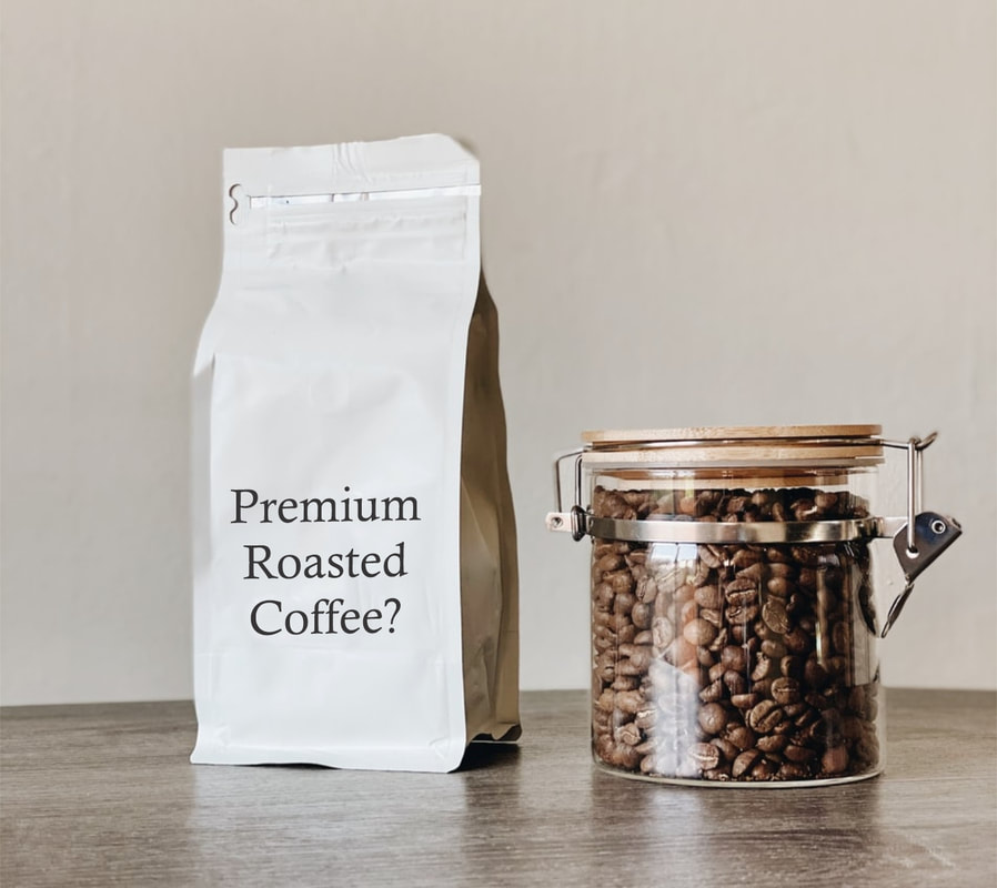 Picture: White coffee bag with glass jar of whole bean coffee
